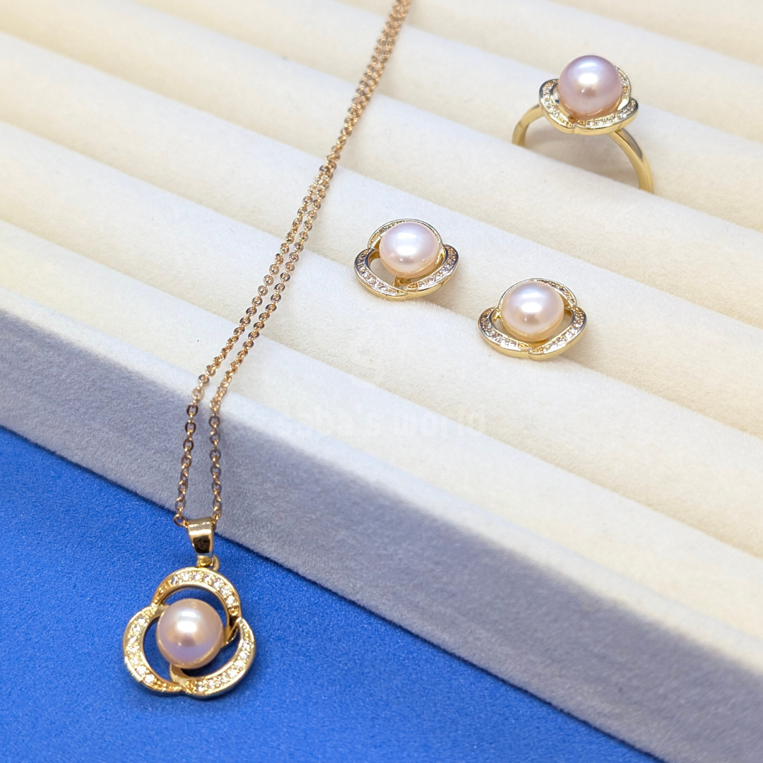 Pearl Jewelry Set with  Necklace, Earrings & Ring