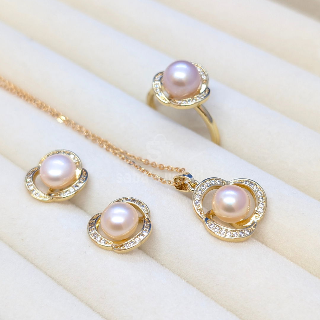 Pearl Jewelry Set with  Necklace, Earrings & Ring