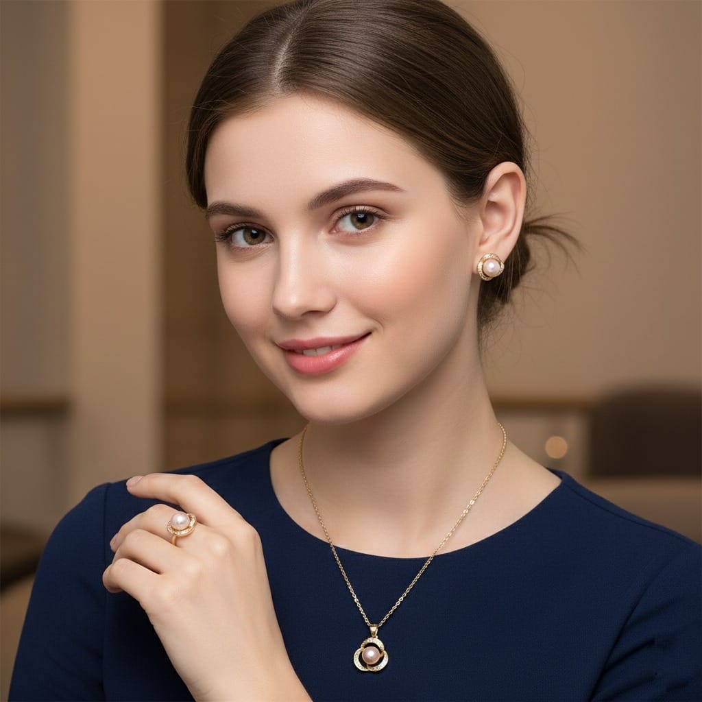 Pearl Jewelry Set with  Necklace, Earrings & Ring